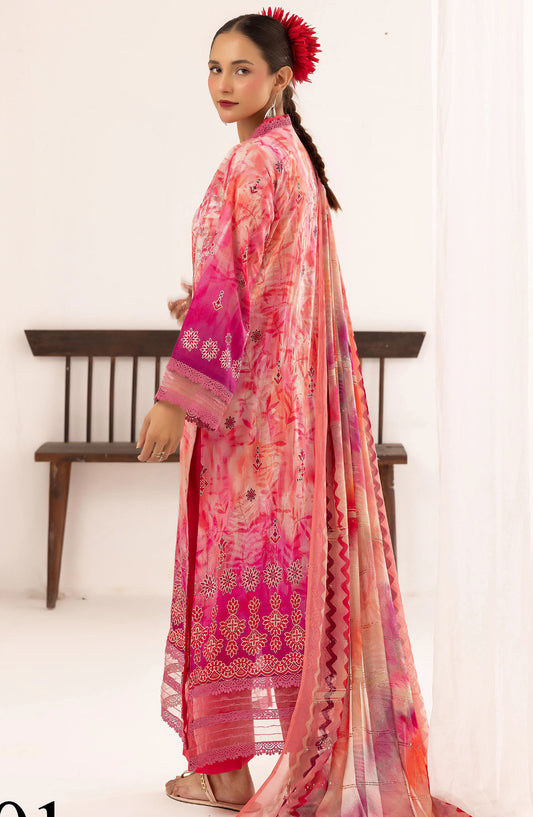Minha Mahees by Riaz Arts Chikankari Lawn Unstitched 3 Piece Suit - D-01 - RA25MMC - Pink - Summer Collection