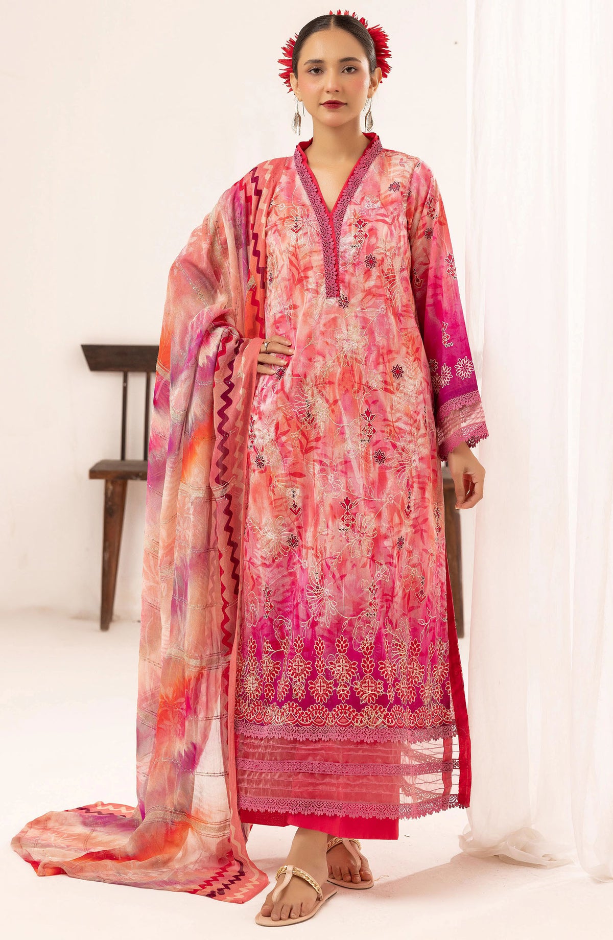 Minha Mahees by Riaz Arts Chikankari Lawn Unstitched 3 Piece Suit - D-01 - RA25MMC - Pink - Summer Collection