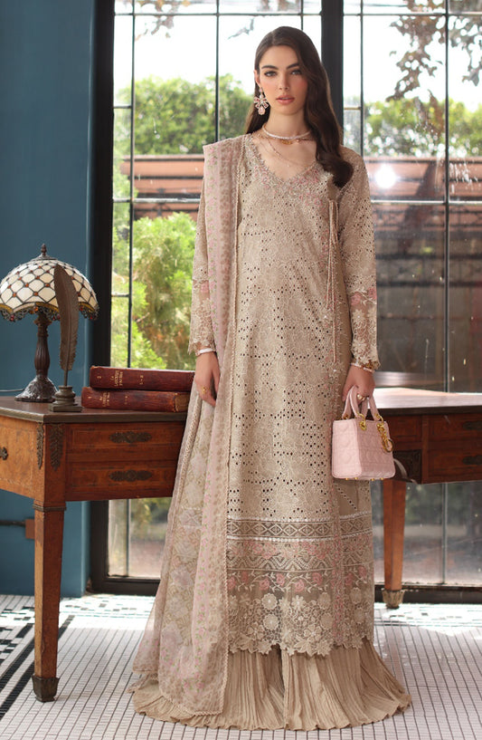 Noor by Saadia Asad Embroidered Lawn Unstitched 3 Piece Suit - D-01 - SA25ELSL - Fawn - Eid Collection