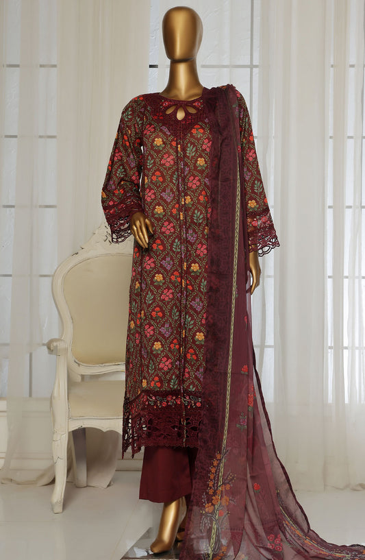 Sadabahar Embroidered Lawn Stitched 3 Piece Suit - D-01 - SBD25FCV2 - Maroon - Summer Collection