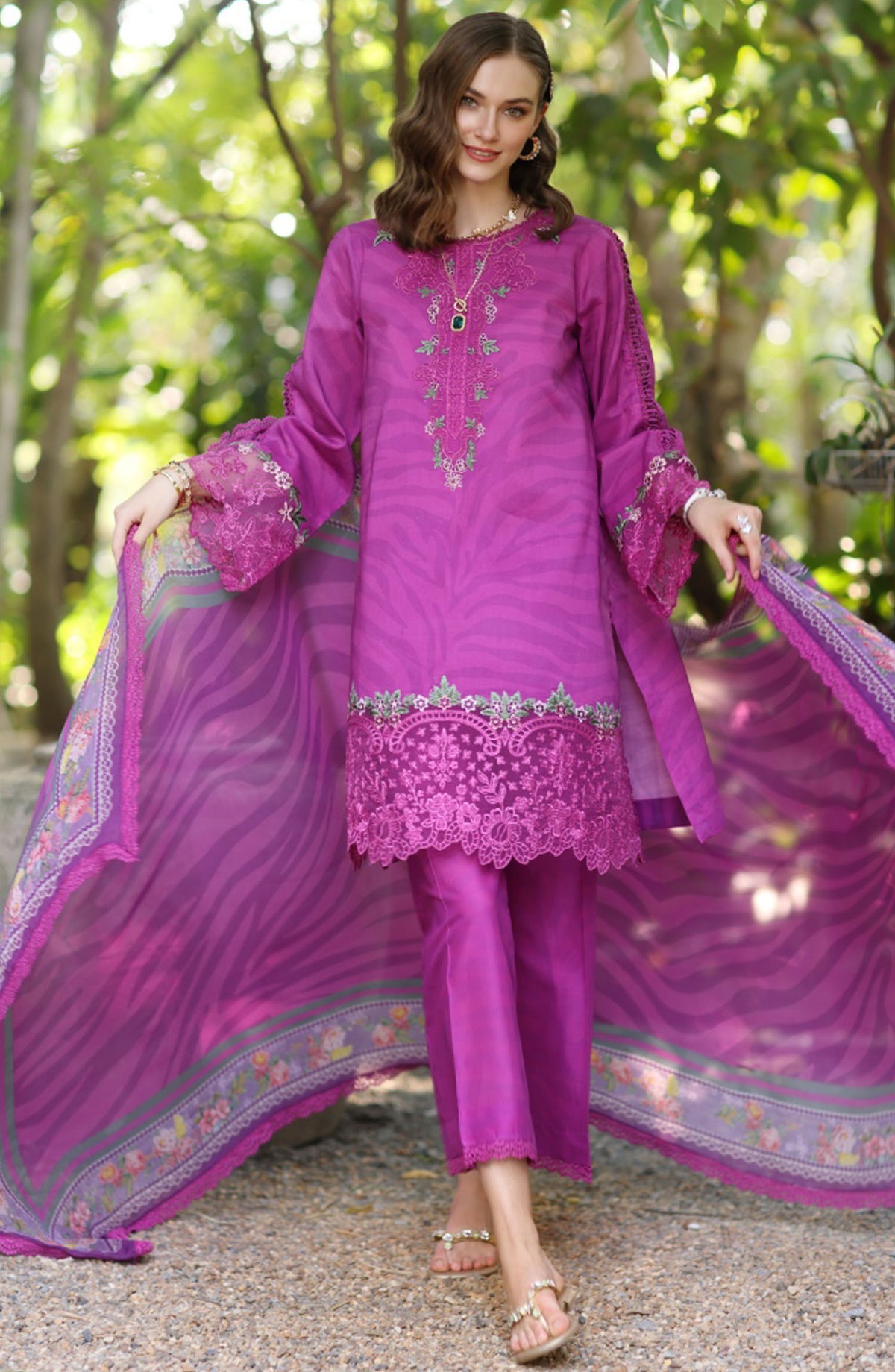 Noor by Saadia Asad Embroidered Lawn Unstitched 3 Piece Suit - D-01 A - SA25NELP - Purple - Summer Collection