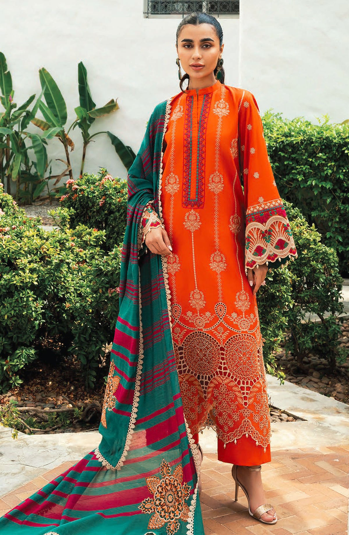 Zainab Chottani Chikankari Lawn Unstitched 3 Piece Suit - D-01A Zynah - ZBC25CL - Orange - Summer Collection
