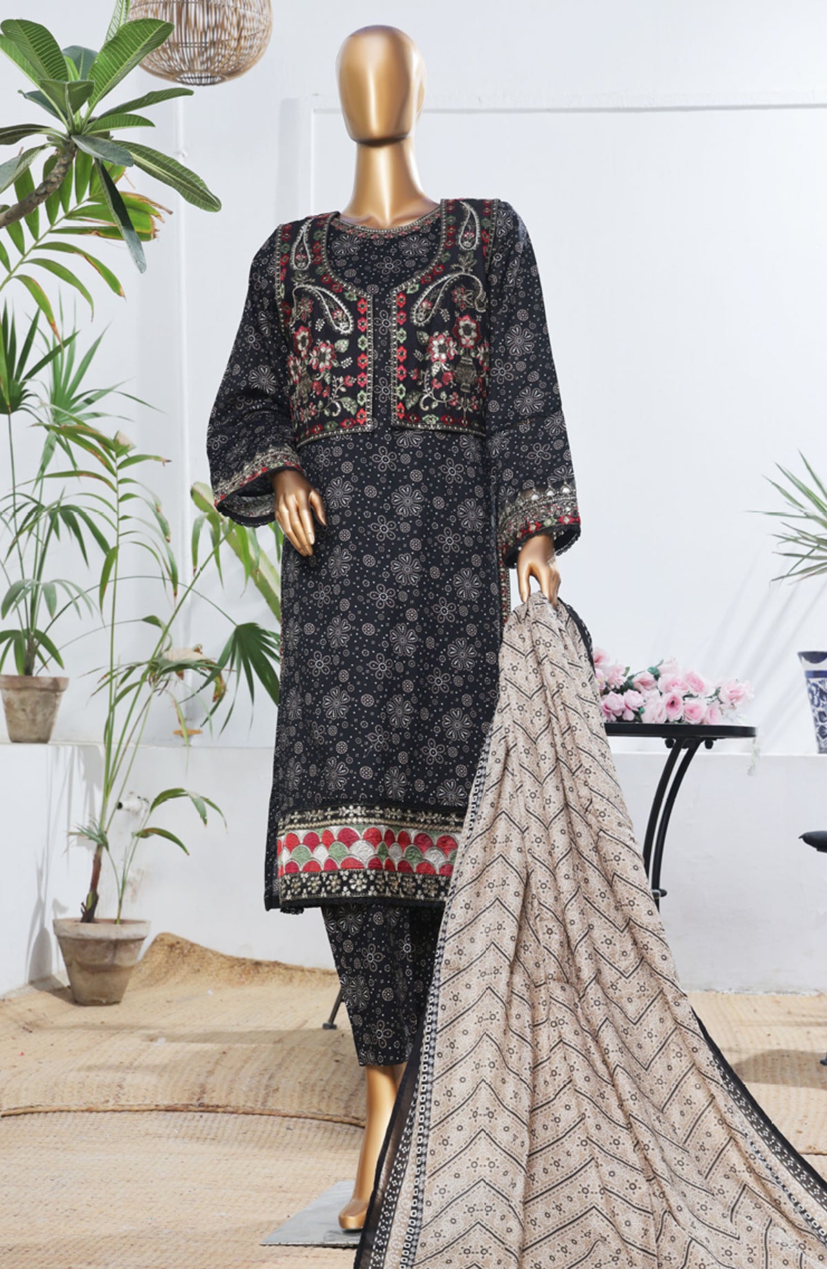 Bin Saeed Embroidered Lawn Stitched 3 Piece Suit - D-02 - BS25BEEC - Black - Eid Collection