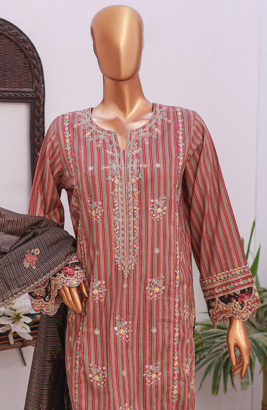 Bin Saeed Self Stripe Stitched 3 Piece Suit - D-02 - BS25EKCR - Pink - Summer Collection