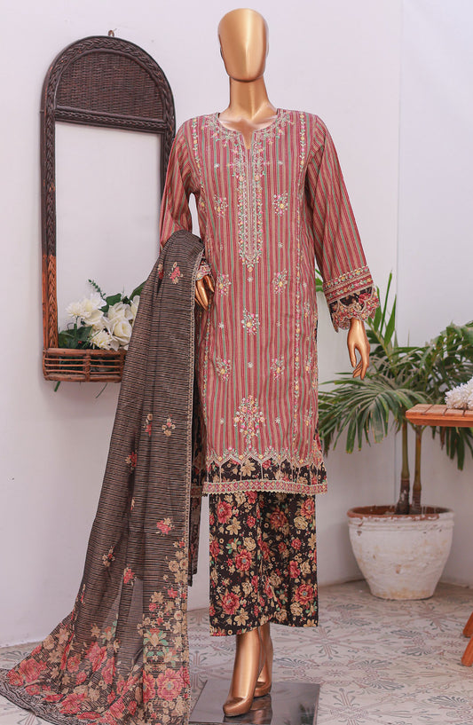 Bin Saeed Self Stripe Stitched 3 Piece Suit - D-02 - BS25EKCR - Pink - Summer Collection