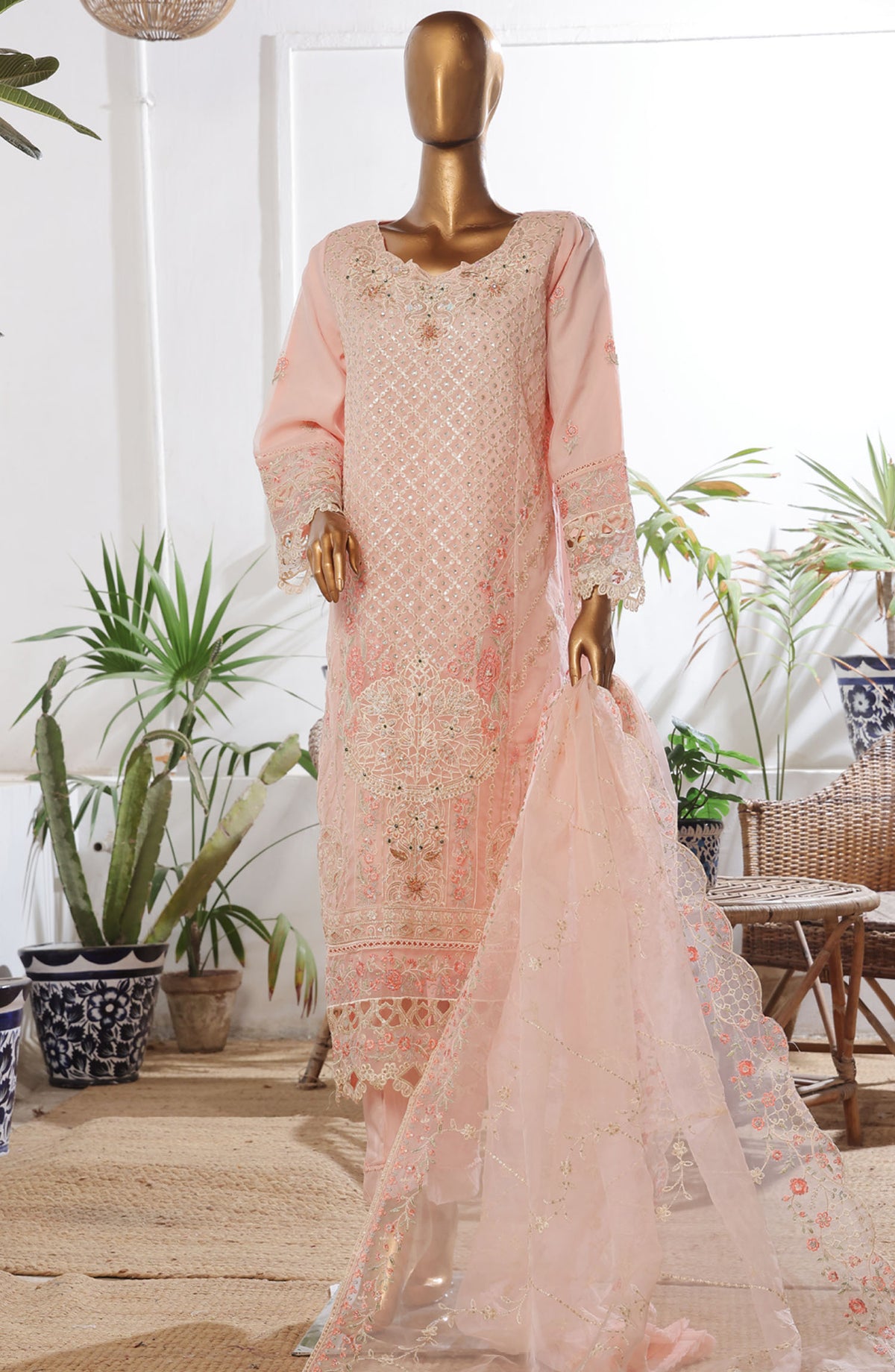 Bin Saeed Embroidered Chiffon Stitched 3 Piece Suit - D-02 - BS25L3PCCC - Pink - Festive Collection