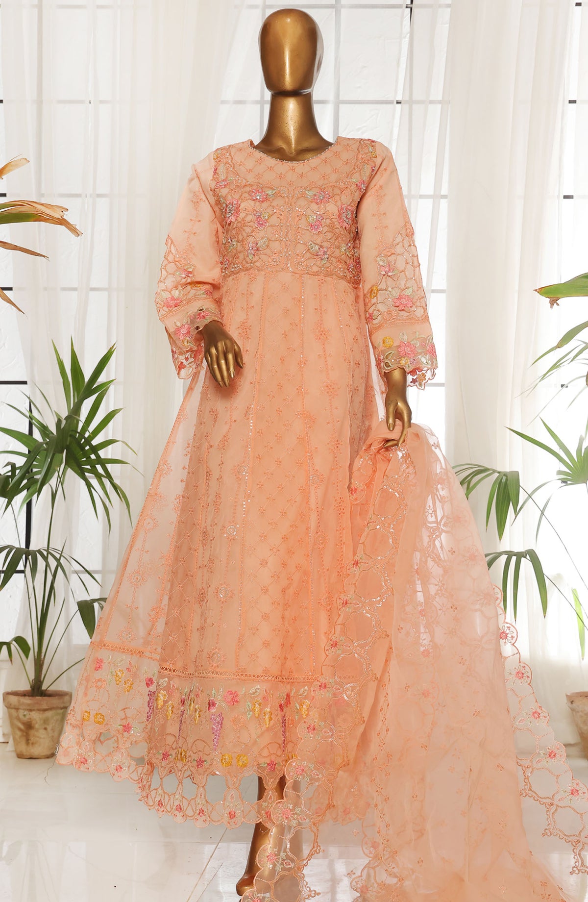 Bin Saeed Embroidered Organza Stitched 3 Piece Suit - D-02 - BS25LOCF - Peach - Festive Collection