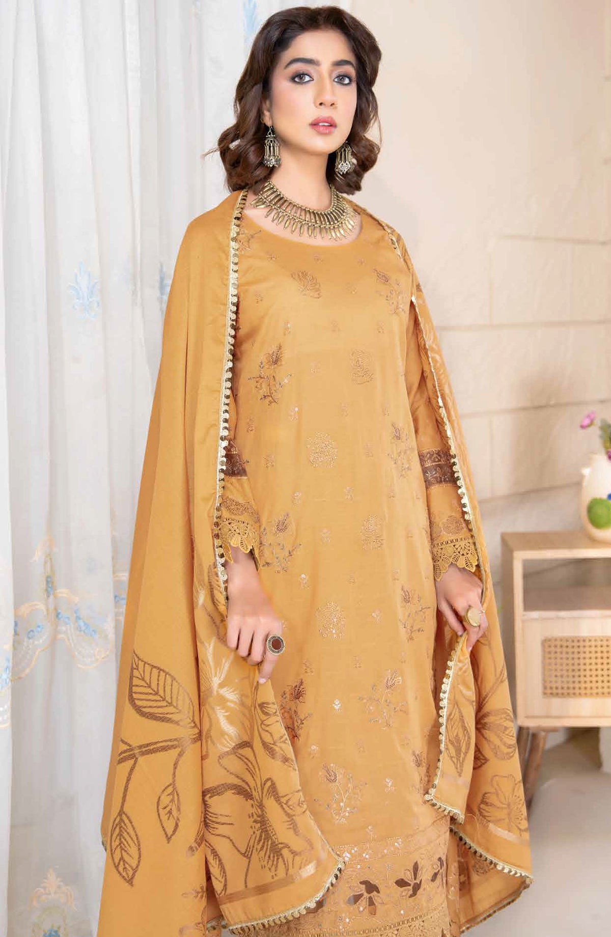 Deeda Zaib by Riaz Arts Embroidered Lawn Unstitched 3 Piece Suit - D-02 - RA25DDZ - Mustard - Summer Collection