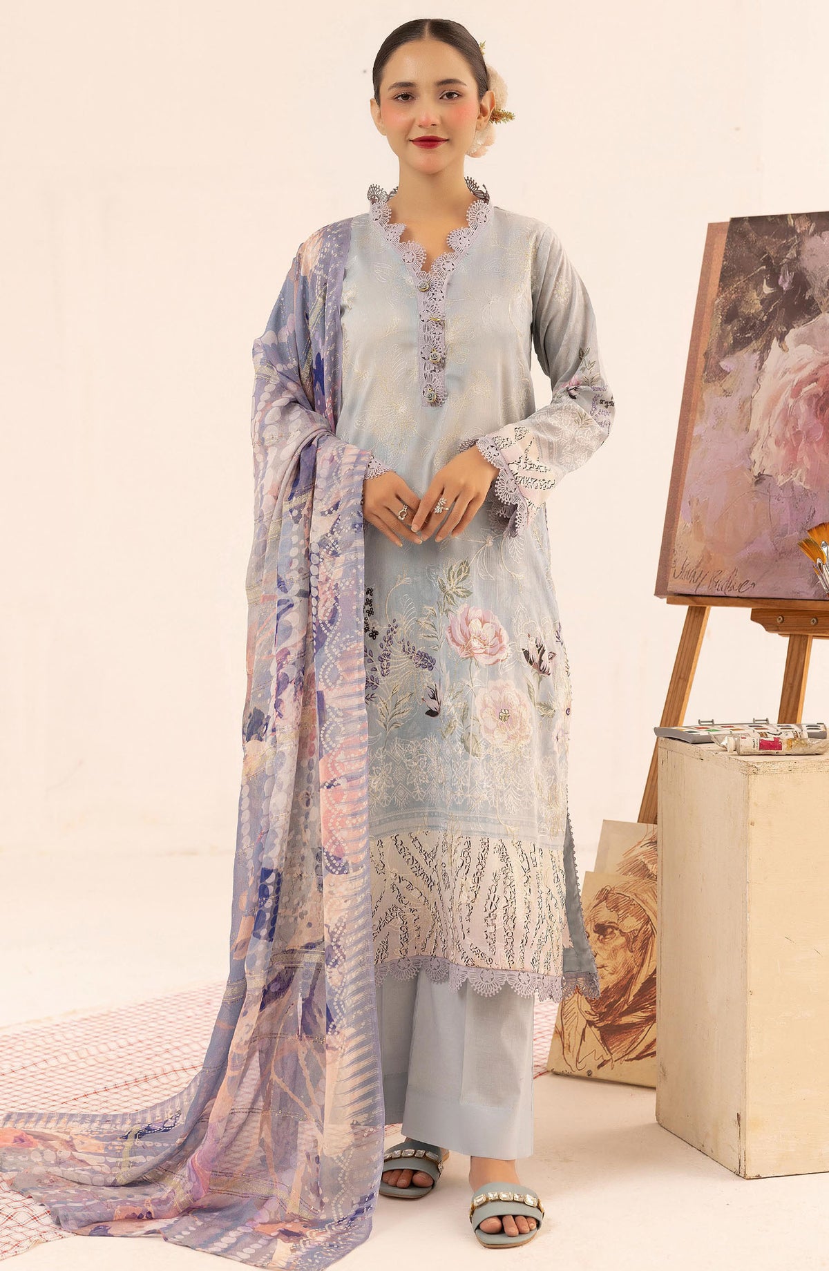 Minha Mahees by Riaz Arts Chikankari Lawn Unstitched 3 Piece Suit - D-02 - RA25MMC - Blue - Summer Collection