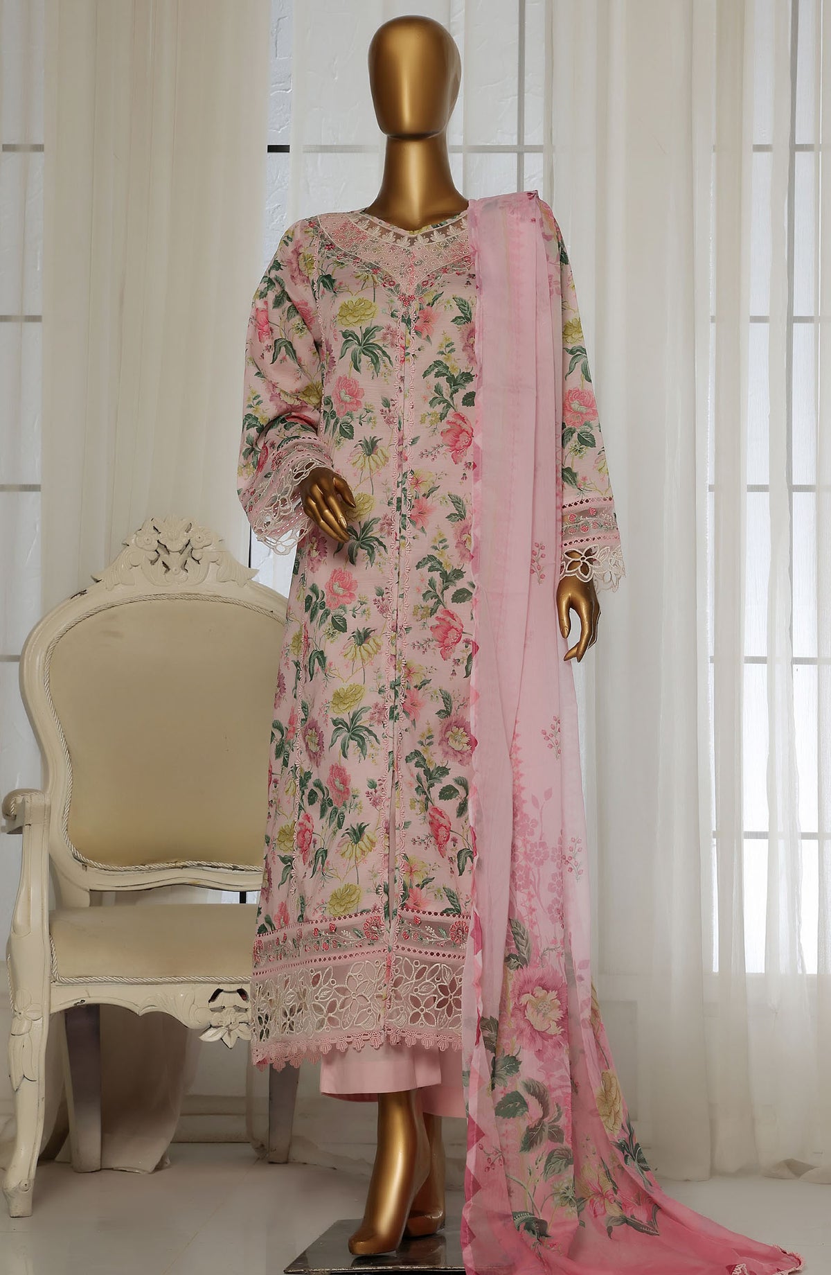 Sadabahar Embroidered Lawn Stitched 3 Piece Suit - D-02 - SBD25FCV2 - Pink - Summer Collection