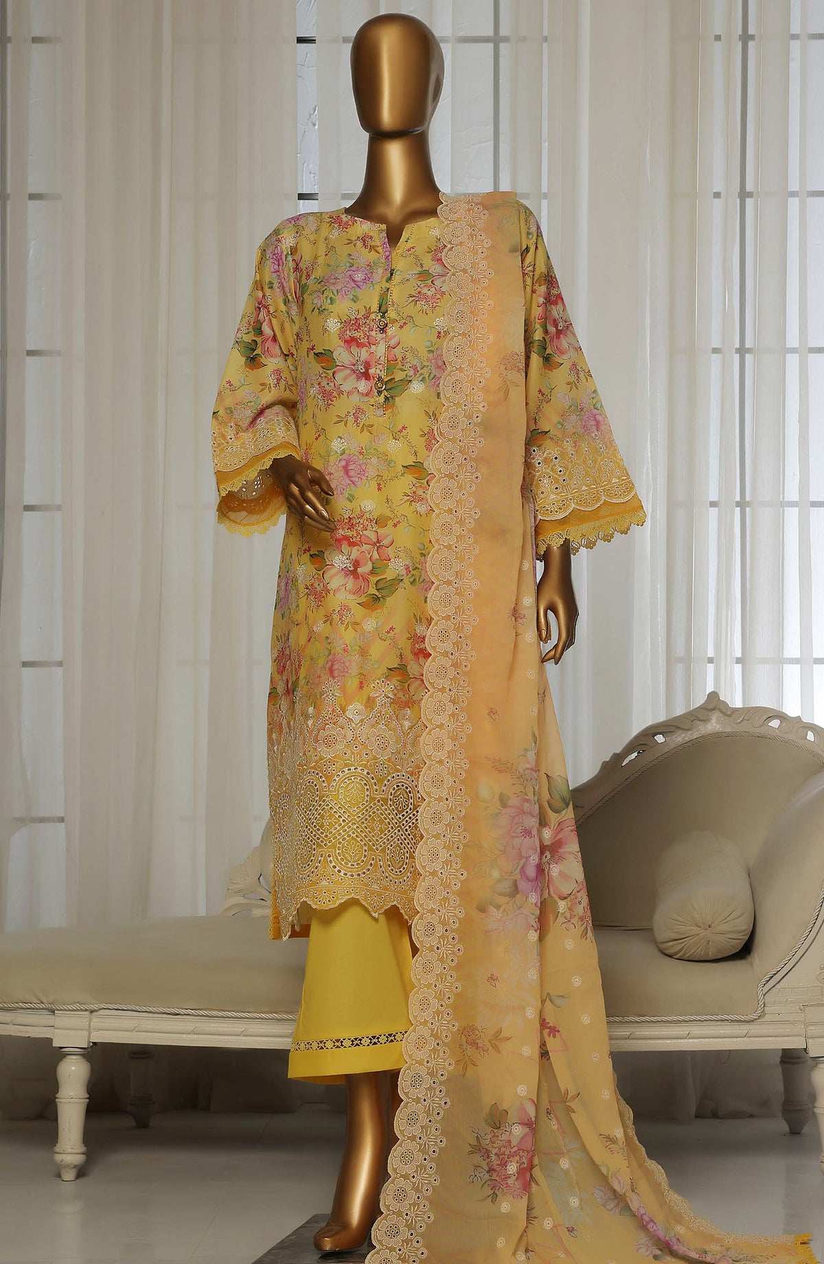 Sadabahar Chikankari Stitched 3 Piece Suit - D-02 - SBD25LFC - Yellow - Summer Collection
