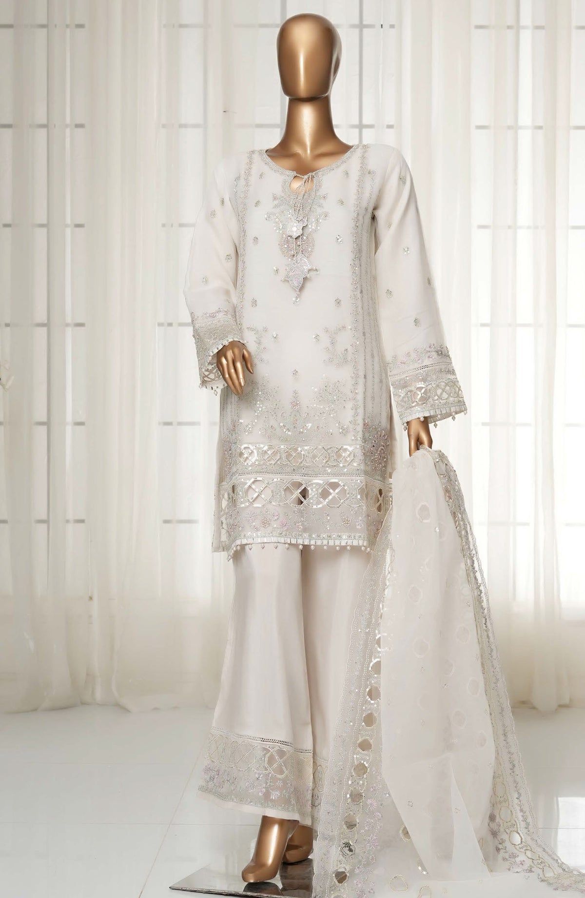Sadabahar Embroidered Organza Stitched 3 Piece Suit - D-02 - SBD25MP14 - White - Festive Collection