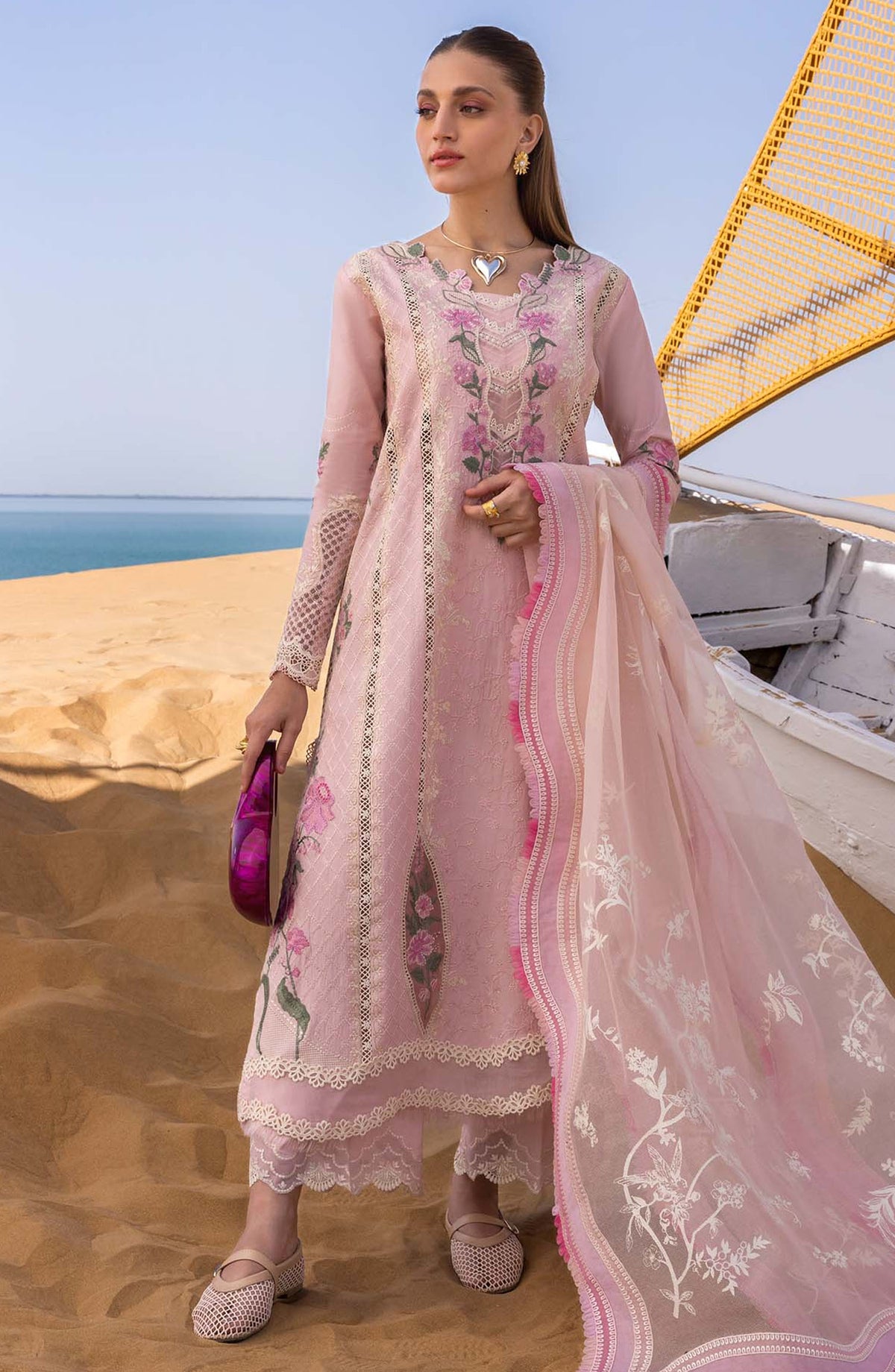 Flow by Crimson Embroidered Lawn Unstitched 3 Piece Suit - D-02 B - CRM25FL - Pink - Summer Collection