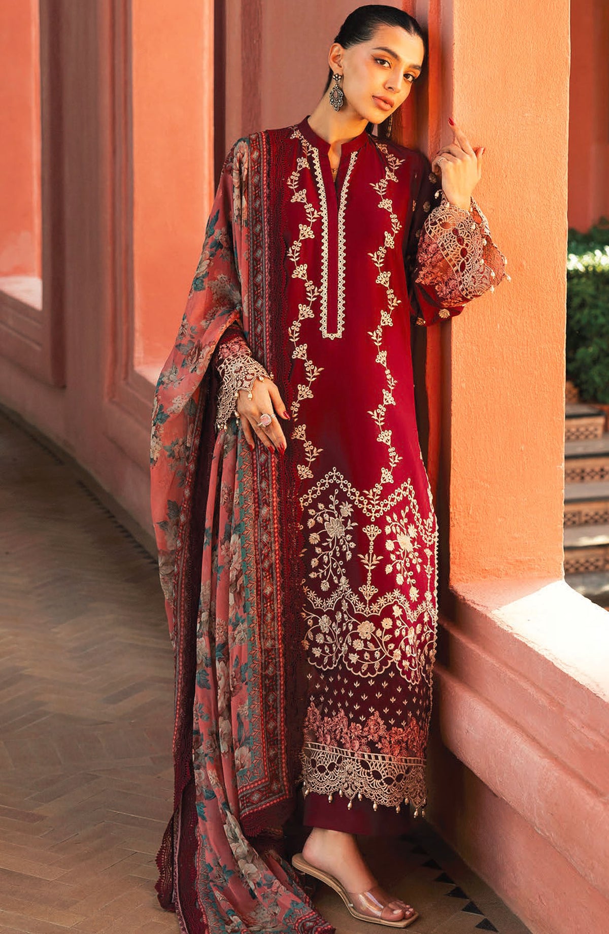Zainab Chottani Chikankari Lawn Unstitched 3 Piece Suit - D-02B Izrah - ZBC25CL - Maroon - Summer Collection