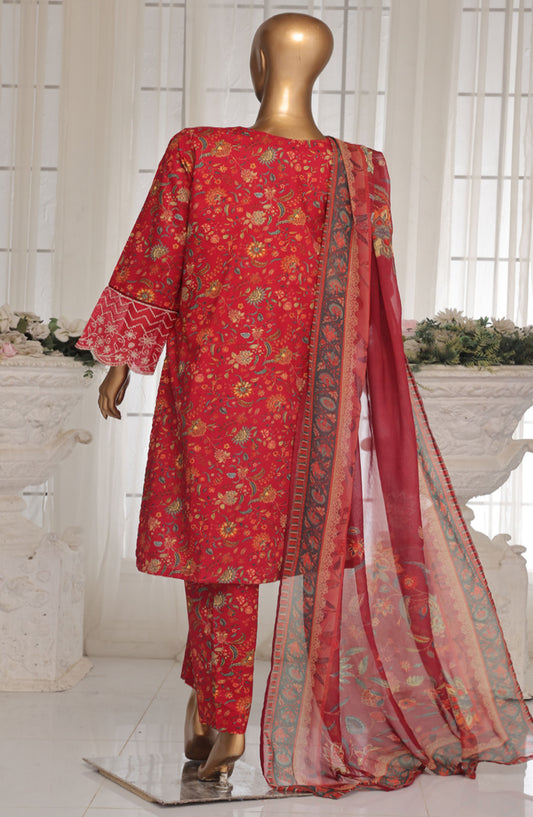 Bin Saeed Chikankari Lawn Stitched 3 Piece Suit - D-03 - BS25ECLV1 - Red - Summer Collection