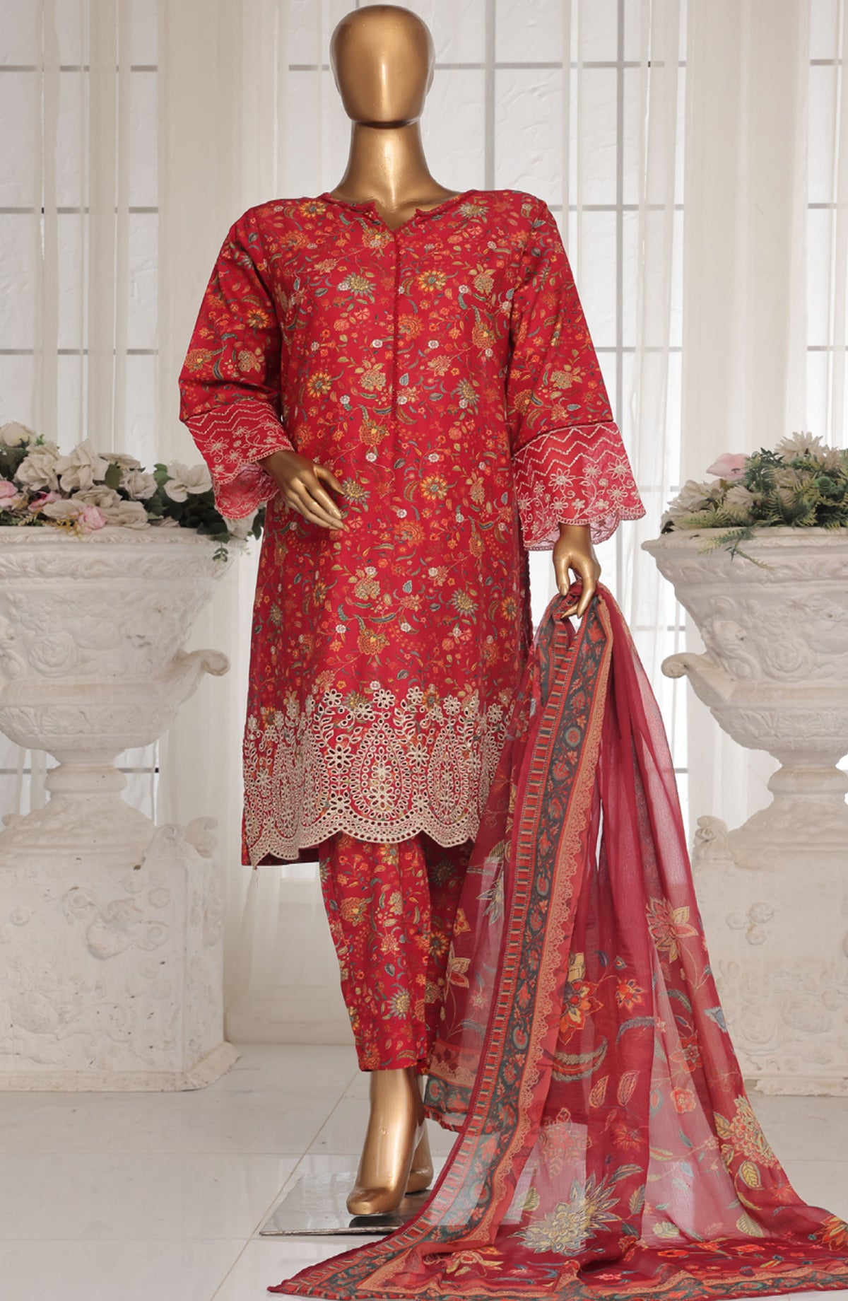 Bin Saeed Chikankari Lawn Stitched 3 Piece Suit - D-03 - BS25ECLV1 - Red - Summer Collection