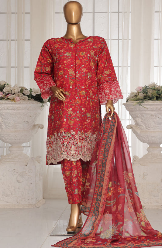 Bin Saeed Chikankari Lawn Stitched 3 Piece Suit - D-03 - BS25ECLV1 - Red - Summer Collection