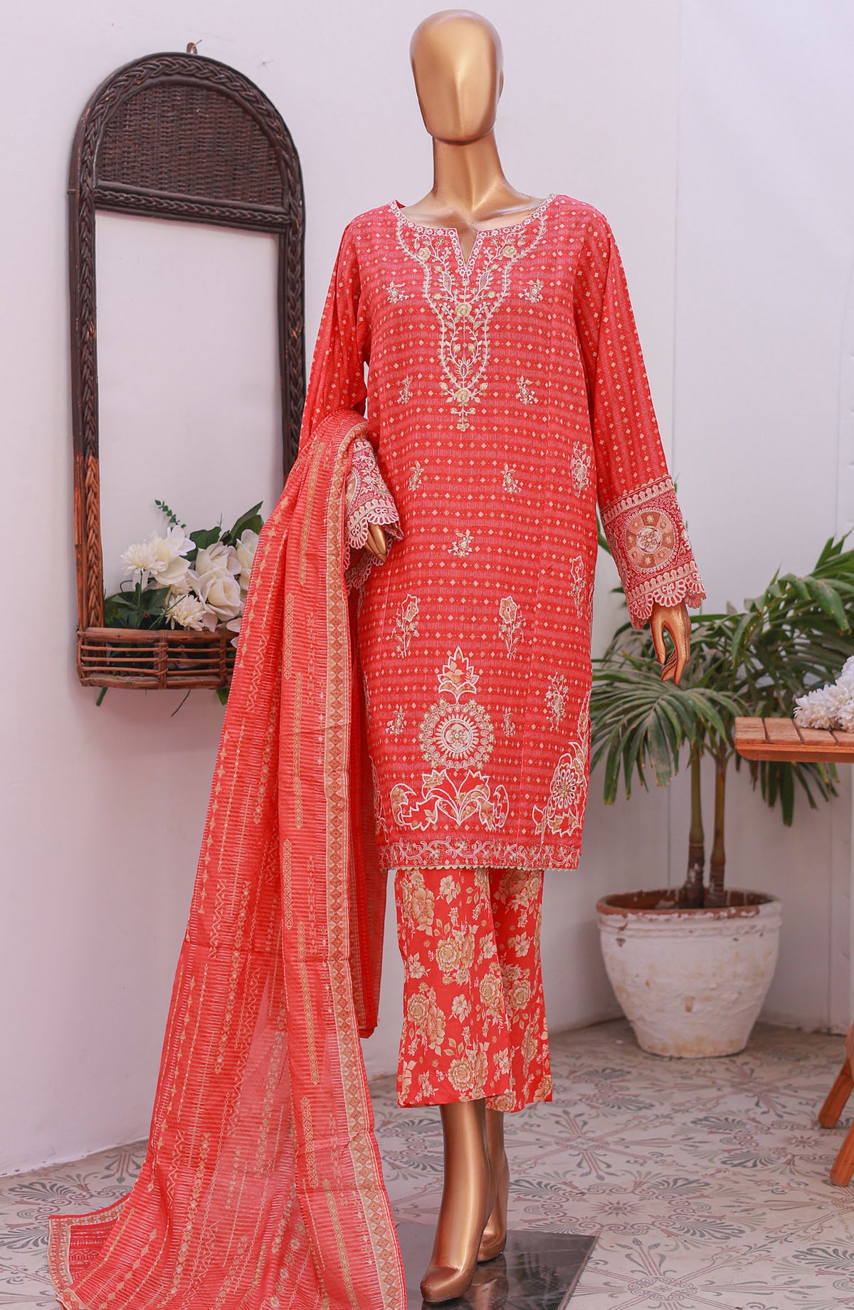 Bin Saeed Self Stripe Stitched 3 Piece Suit - D-03 - BS25EKCR - Pink - Summer Collection