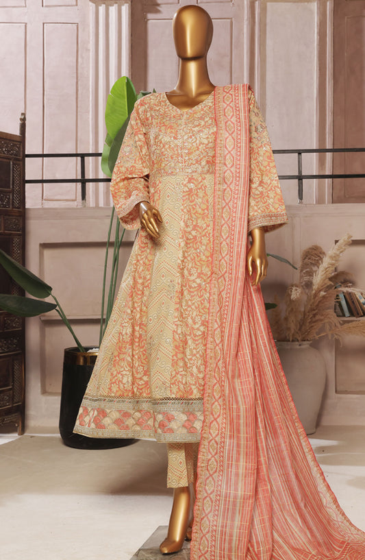Bin Saeed Embroidered Lawn Stitched 3 Piece Frock - D-03 - BS25ELEF - Peach - Summer Collection