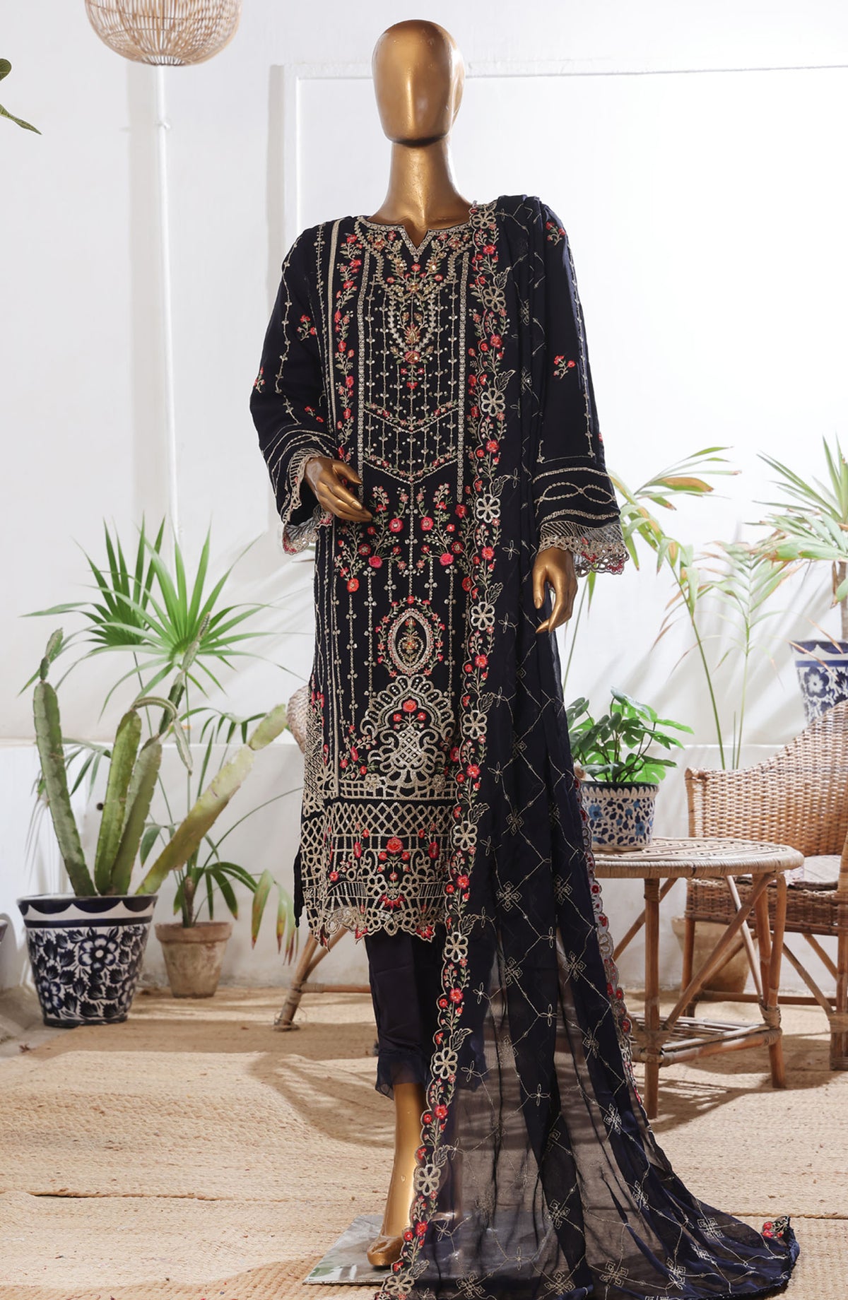 Bin Saeed Embroidered Chiffon Stitched 3 Piece Suit - D-03 - BS25L3PCCC - Black - Festive Collection