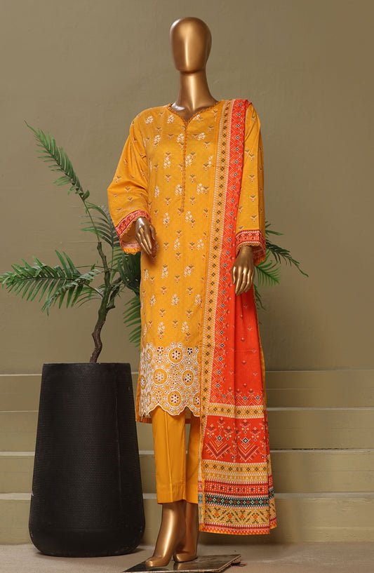 Bin Saeed Chikankari Lawn Stitched 3 Piece Suit - D-03 - BS25LC - Mustard - Summer Collection