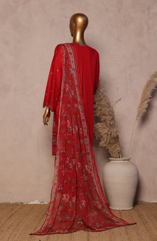 Bin Saeed Embroidered Lawn Stitched 3 Piece Suit - D-03 - BS25LPLV4 - Red - Summer Collection
