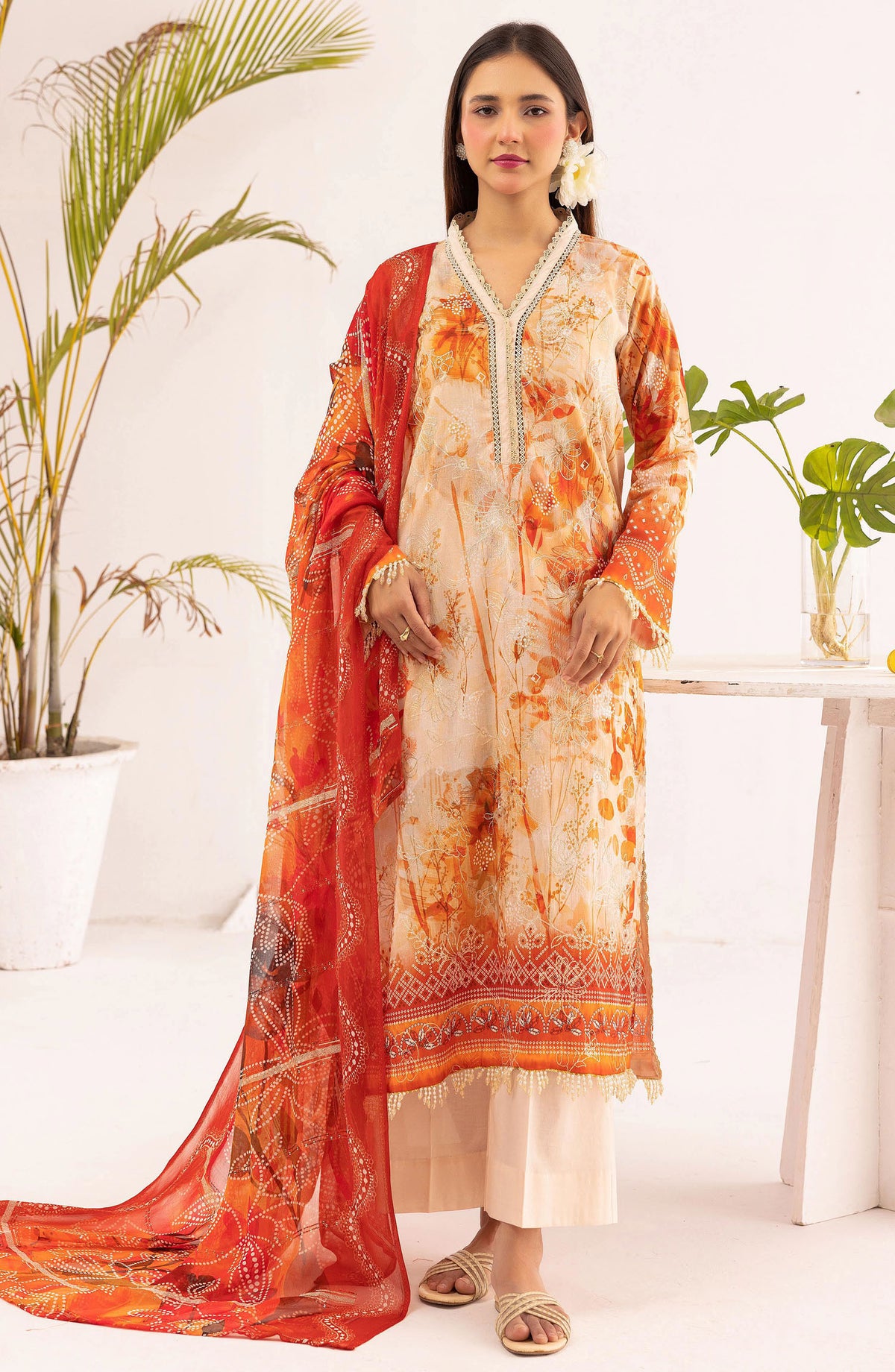 Minha Mahees by Riaz Arts Chikankari Lawn Unstitched 3 Piece Suit - D-03 - RA25MMC - Orange - Summer Collection