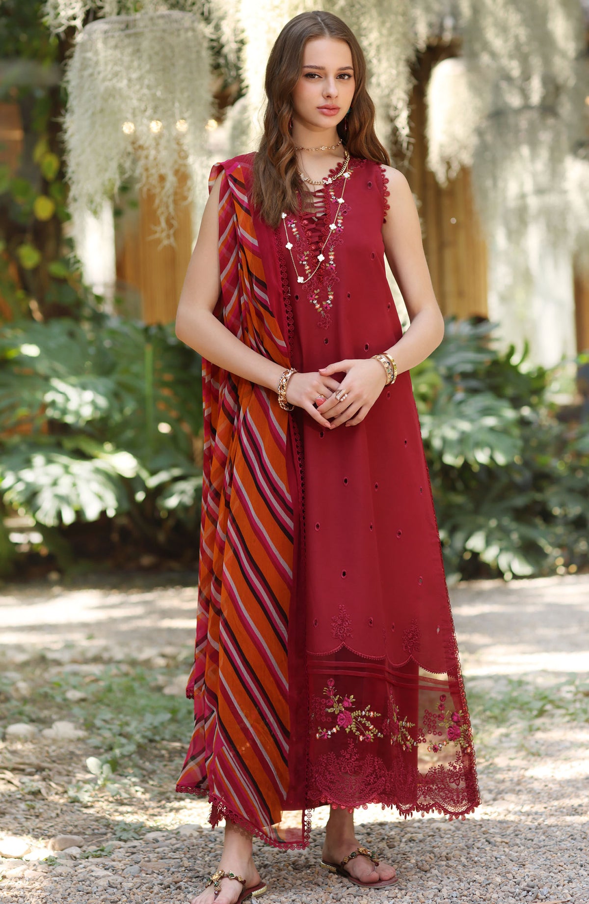 Noor by Saadia Asad Embroidered Lawn Unstitched 3 Piece Suit - D-03 B - SA25NELP - Red - Summer Collection