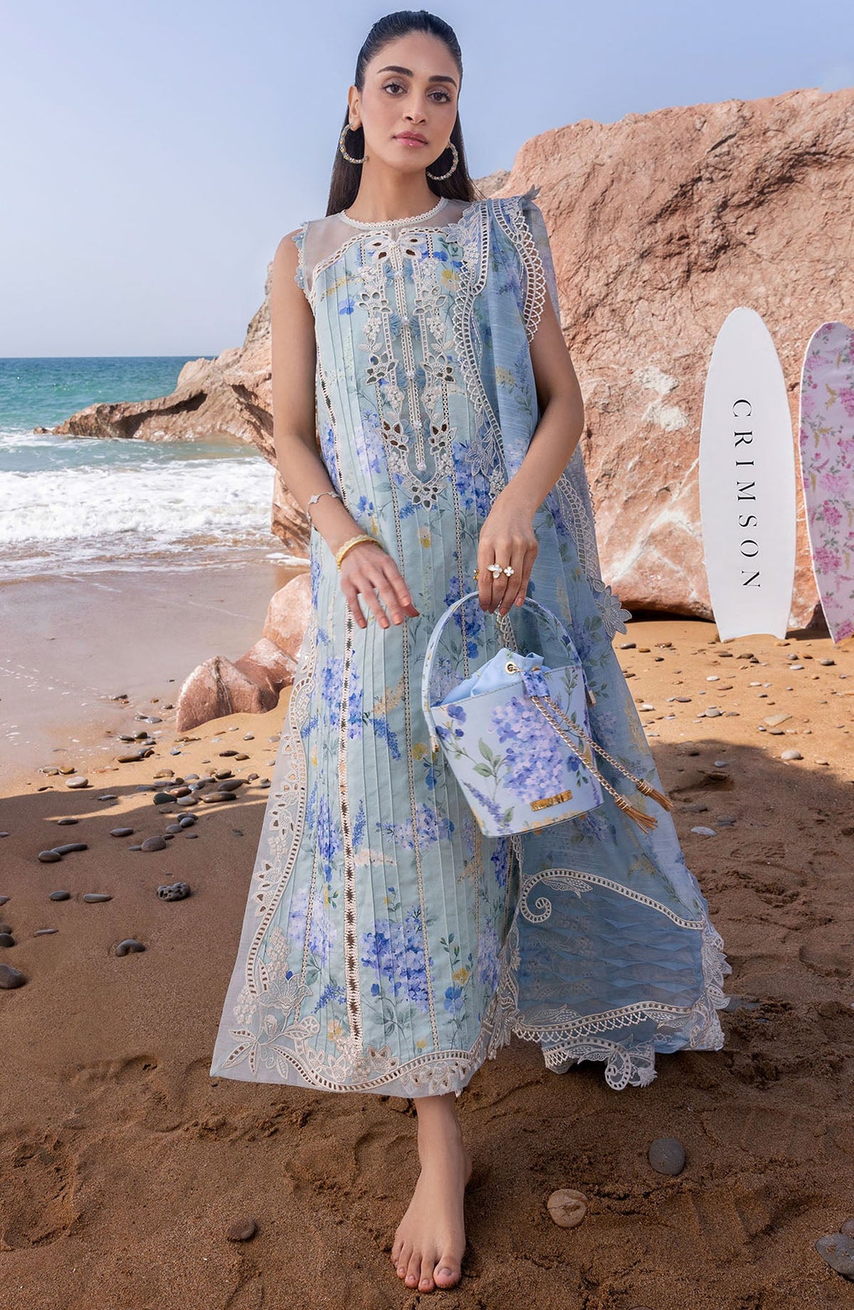 Flow by Crimson Embroidered Lawn Unstitched 3 Piece Suit - D-03 B - CRM25FL - Blue - Summer Collection