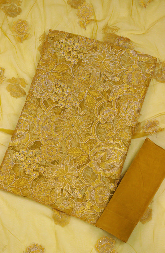 Nura by Amna Khadija Embroidered Net Unstitched 3 Piece Suit - D-04 - AM25NFC - Yellow - Summer Collection