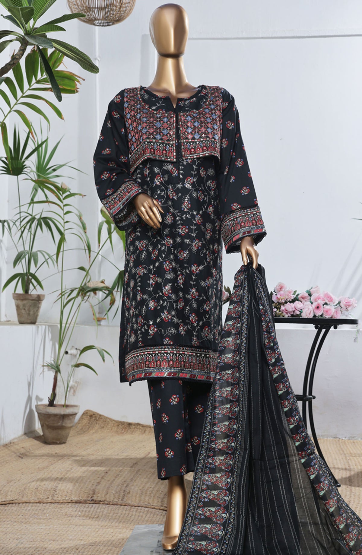 Bin Saeed Embroidered Lawn Stitched 3 Piece Suit - D-04 - BS25BEEC - Black - Eid Collection