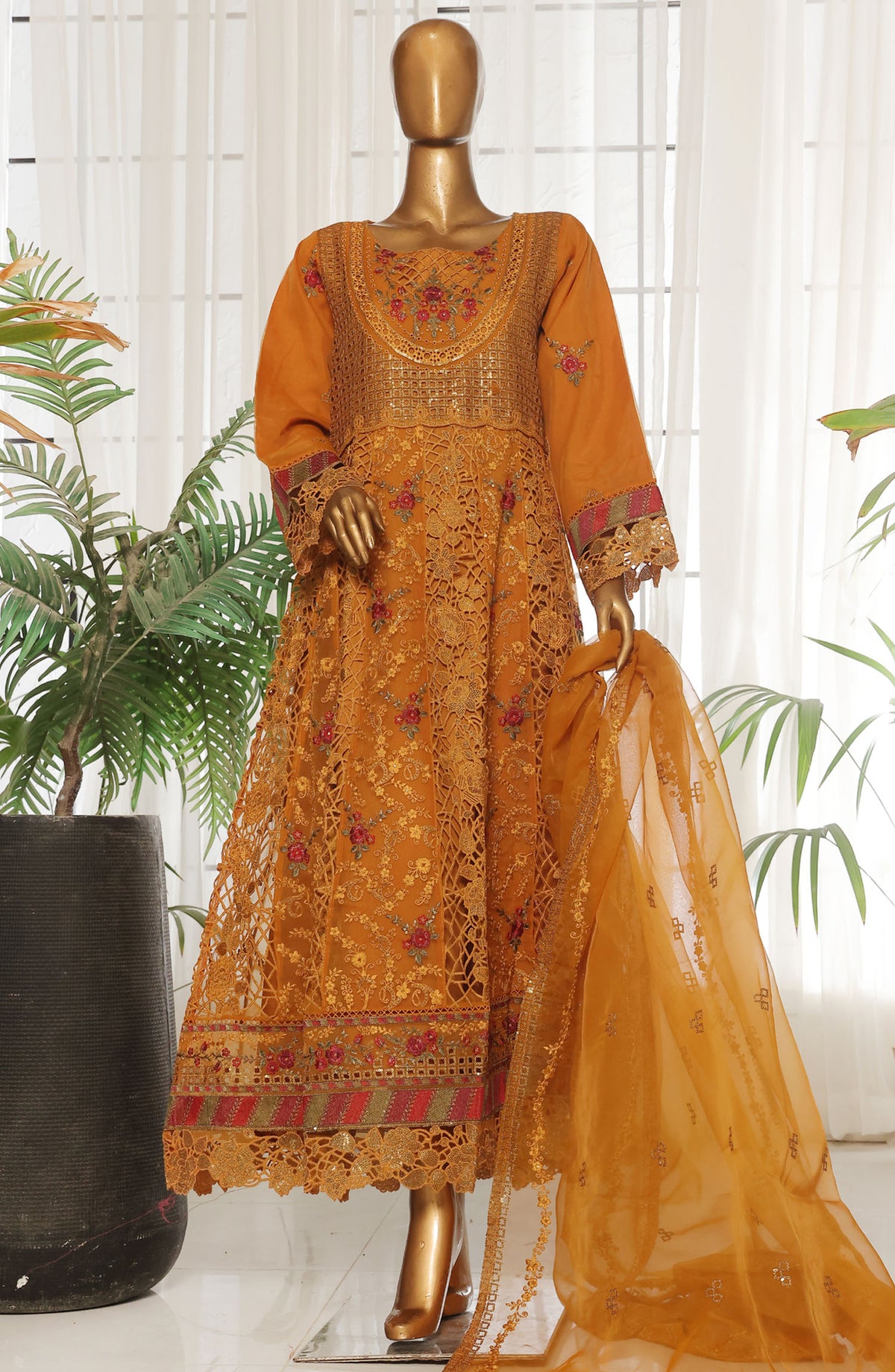 Bin Saeed Embroidered Organza Stitched 3 Piece Suit - D-04 - BS25LOCF - Orange - Festive Collection