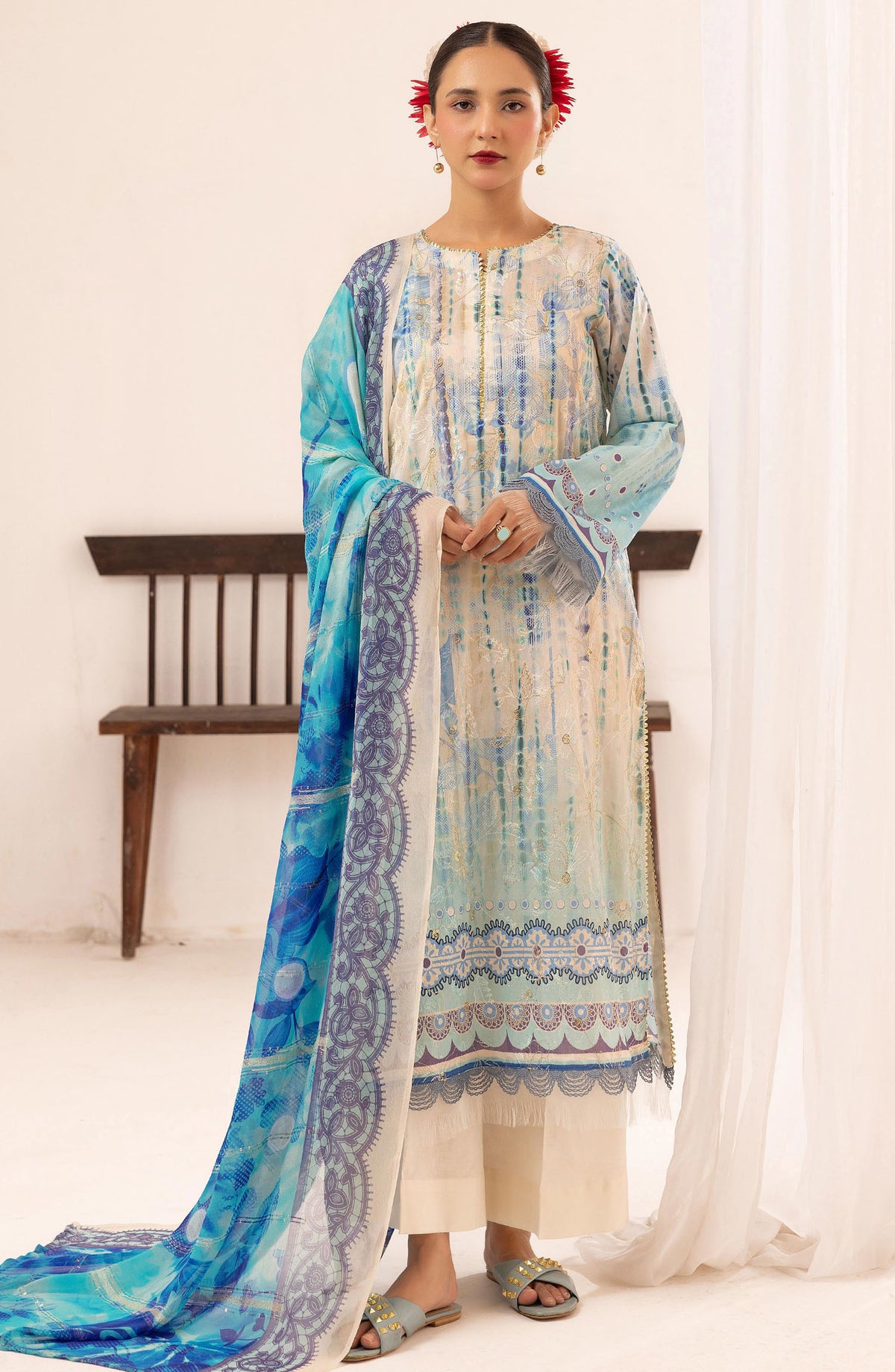 Minha Mahees by Riaz Arts Chikankari Lawn Unstitched 3 Piece Suit - D-04 - RA25MMC - Blue - Summer Collection
