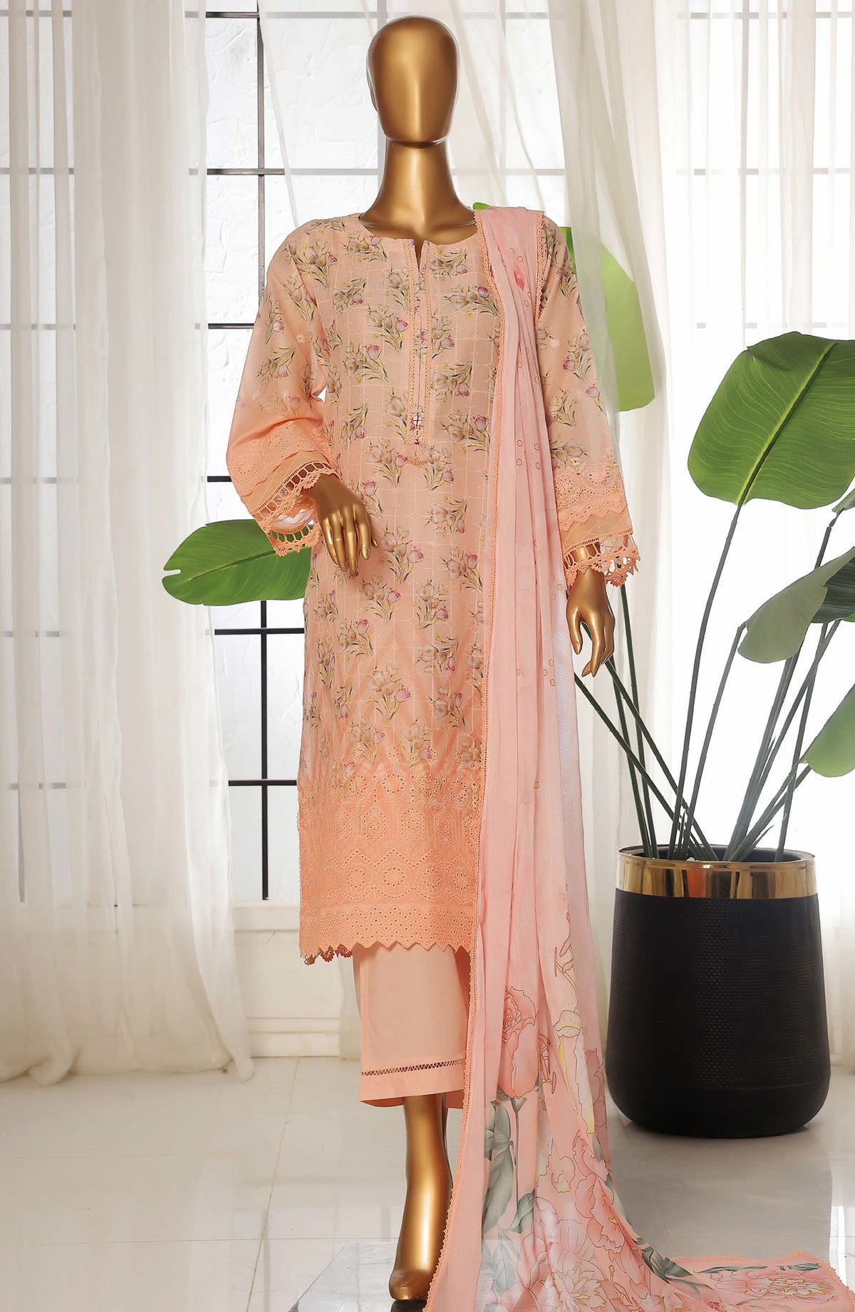 Sadabahar Chikankari Lawn Stitched 3 Piece Suit - D-04 - SBD25FC - Peach - Summer Collection