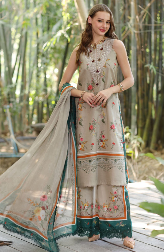 Noor by Saadia Asad Embroidered Lawn Unstitched 3 Piece Suit - D-04 A - SA25NELP - Beige - Summer Collection