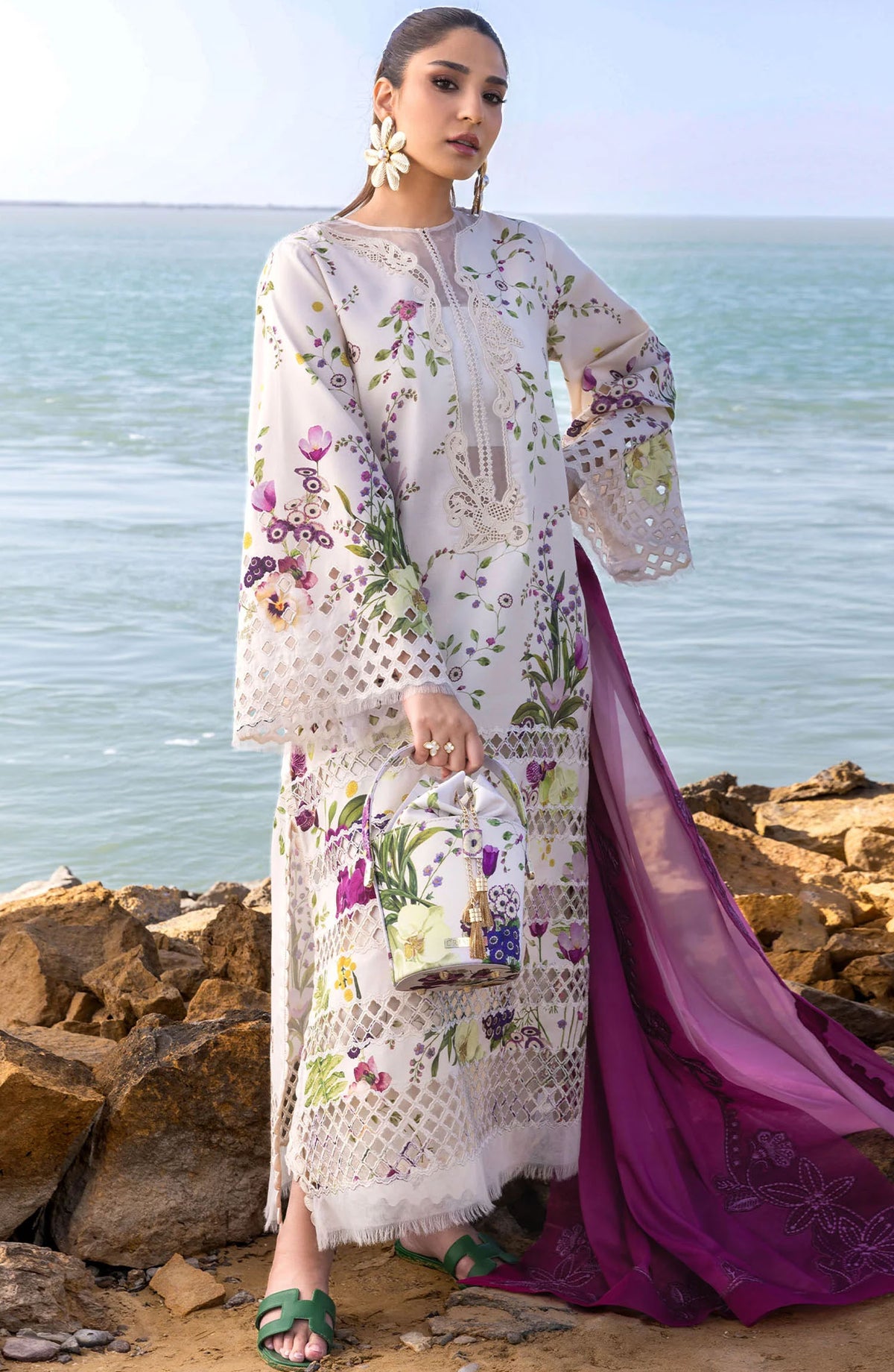 Flow by Crimson Embroidered Lawn Unstitched 3 Piece Suit - D-04 A - CRM25FL - White - Summer Collection