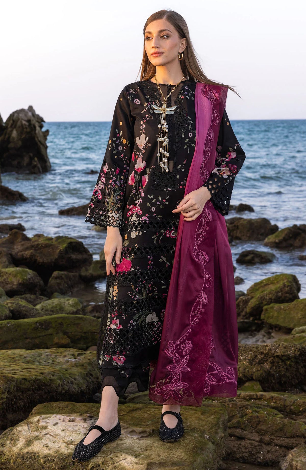 Flow by Crimson Embroidered Lawn Unstitched 3 Piece Suit - D-04 B - CRM25FL - Black - Summer Collection