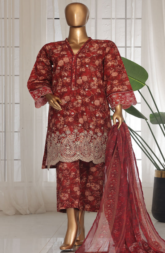 Bin Saeed Chikankari Lawn Stitched 3 Piece Suit - D-05 - BS25ECLV1 - Red - Summer Collection