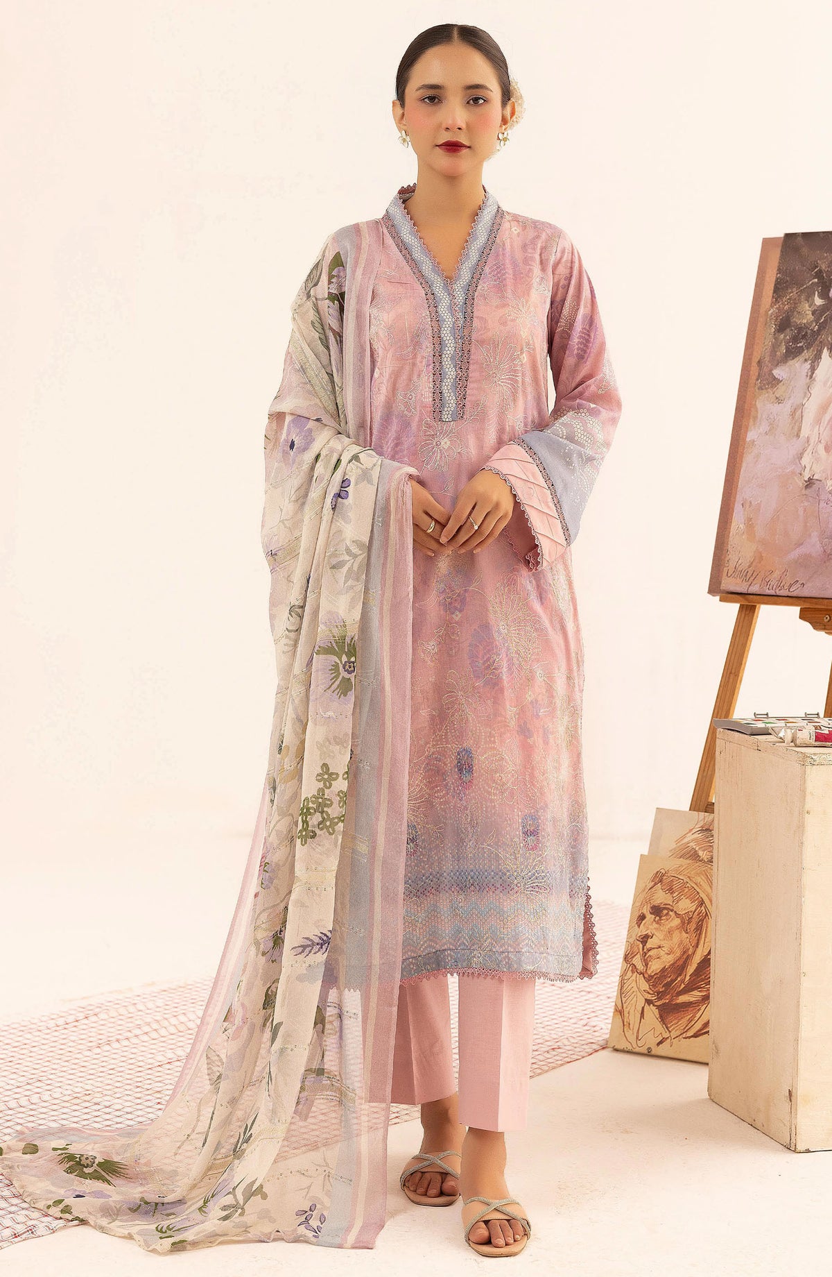 Minha Mahees by Riaz Arts Chikankari Lawn Unstitched 3 Piece Suit - D-05 - RA25MMC - Pink - Summer Collection