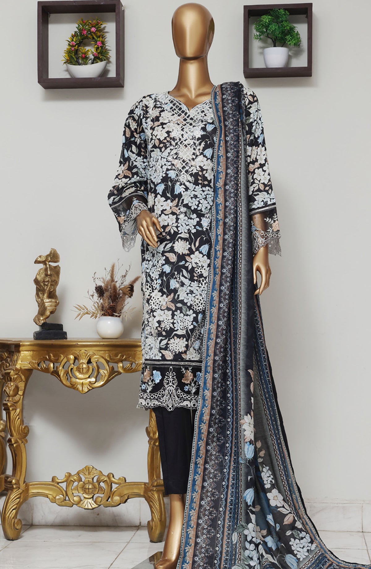 Bin Saeed Embroidered Lawn Stitched 3 Piece Suit - D-06 - BS25EELV9 - Black - Summer Collection