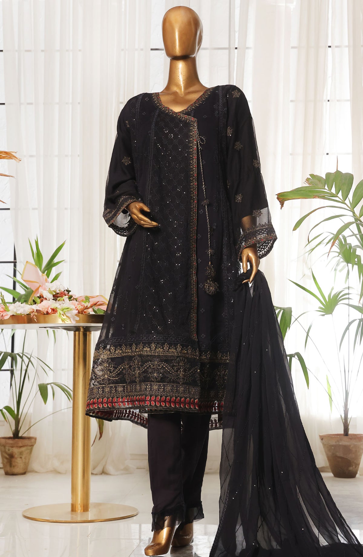 Bin Saeed Embroidered Organza Stitched 3 Piece Suit - D-06 - BS25LOCF - Black - Festive Collection