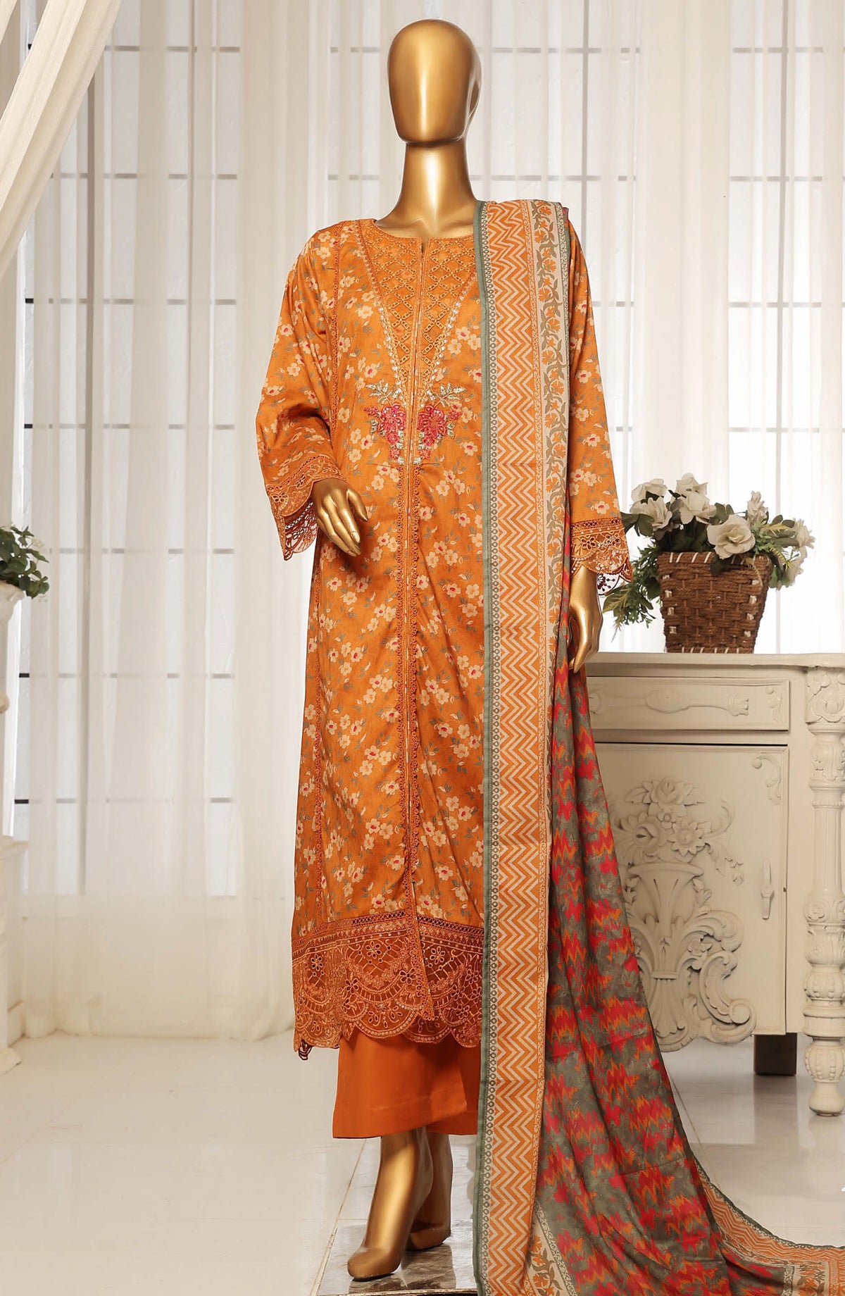 Sadabahar Embroidered Lawn Stitched 3 Piece Suit - D-06 - SBD25FC - Orange - Summer Collection