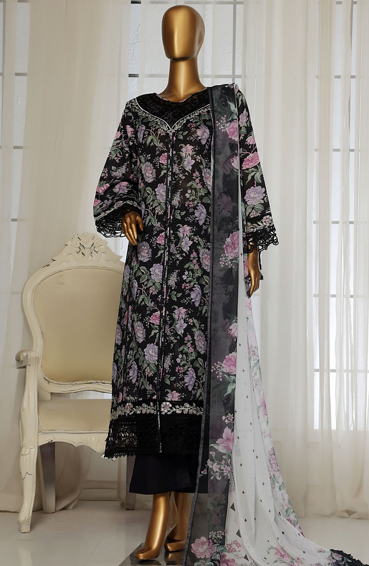 Sadabahar Embroidered Lawn Stitched 3 Piece Suit - D-06 - SBD25FCV2 - Black - Summer Collection
