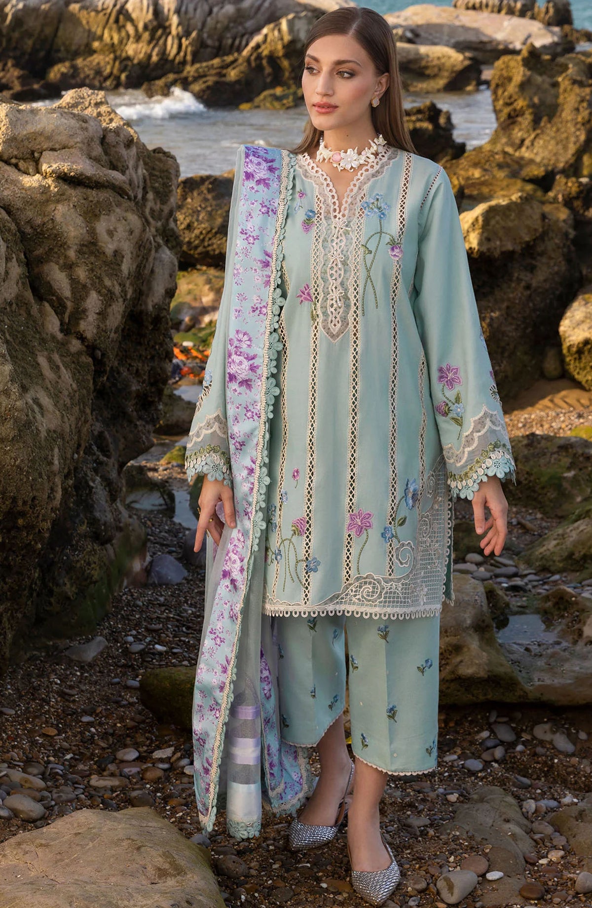 Flow by Crimson Embroidered Lawn Unstitched 3 Piece Suit - D-06 A - CRM25FL - Blue - Summer Collection