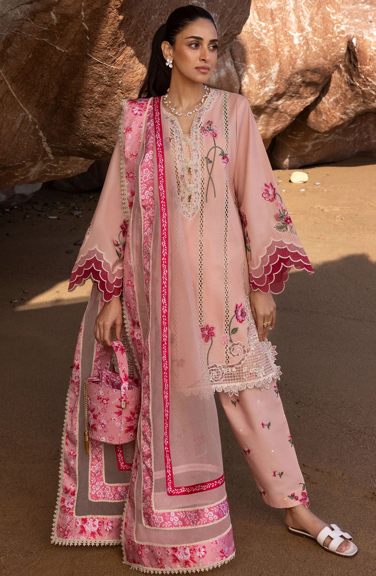 Flow by Crimson Embroidered Lawn Unstitched 3 Piece Suit - D-06 B - CRM25FL - Pink - Summer Collection