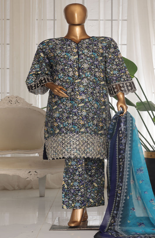 Bin Saeed Chikankari Lawn Stitched 3 Piece Suit - D-07 - BS25ECLV1 - Blue - Summer Collection