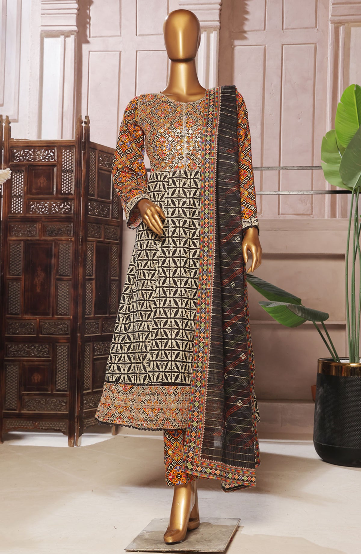 Bin Saeed Embroidered Lawn Stitched 3 Piece Frock - D-07 - BS25ELEF - Orange - Summer Collection