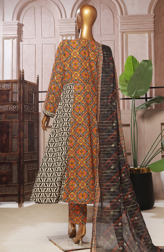 Bin Saeed Embroidered Lawn Stitched 3 Piece Frock - D-07 - BS25ELEF - Orange - Summer Collection