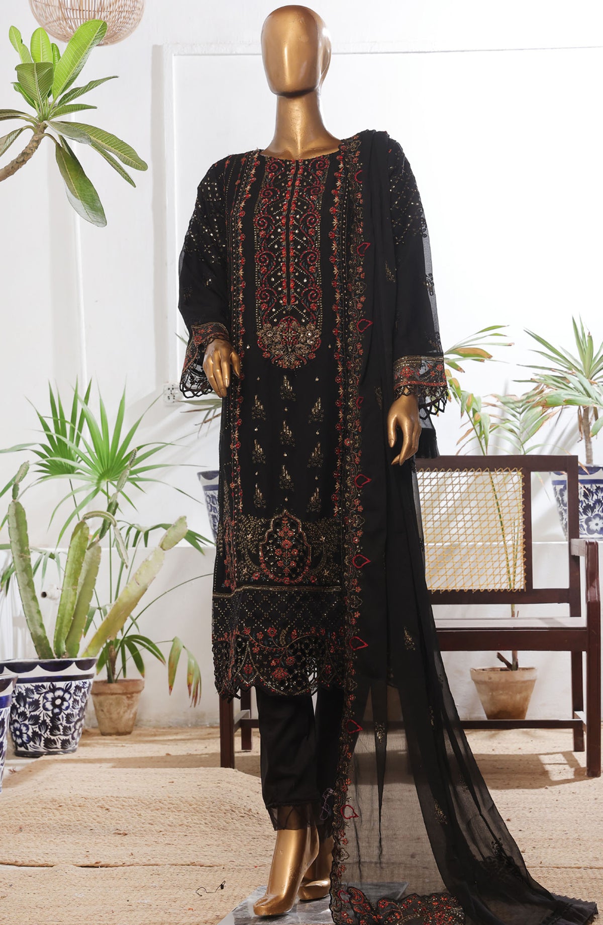 Bin Saeed Embroidered Chiffon Stitched 3 Piece Suit - D-07 - BS25L3PCCC - Black - Festive Collection