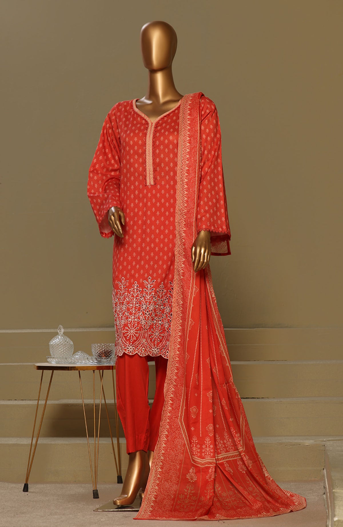 Bin Saeed Chikankari Lawn Stitched 3 Piece Suit - D-07 - BS25LC - Red - Summer Collection